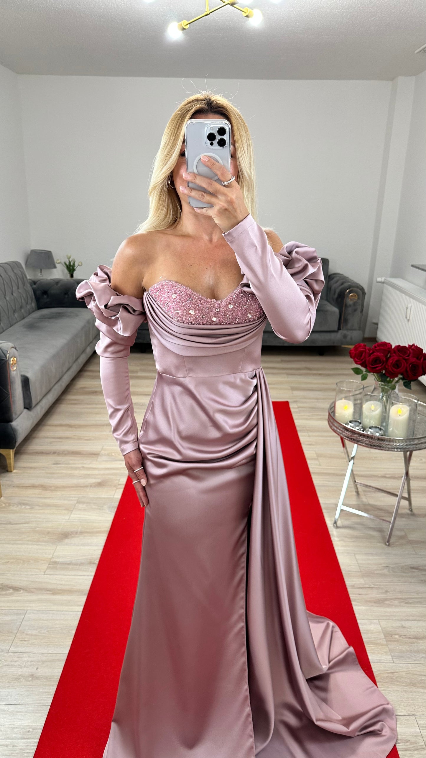 Abendkleid Rosa mit abnehmbaren Ärmel