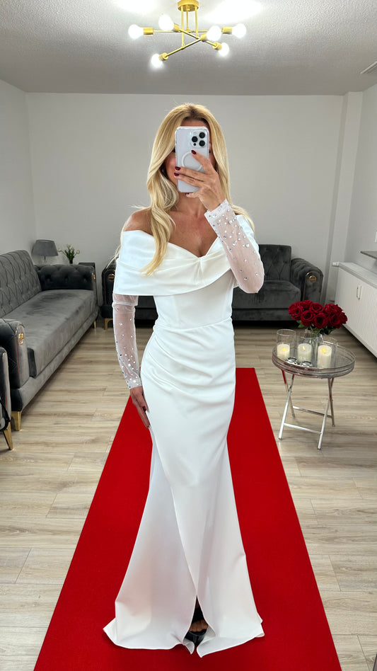 Weiss Abendkleid mit Tüllärmeln