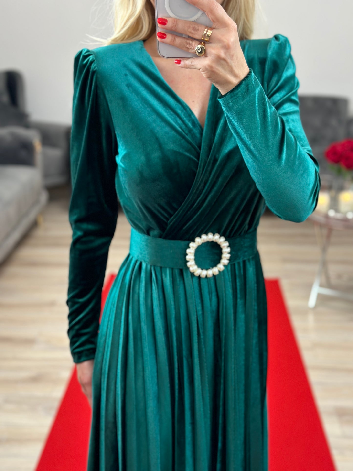 Samtkleid mit Gürtel Smaragdgrün