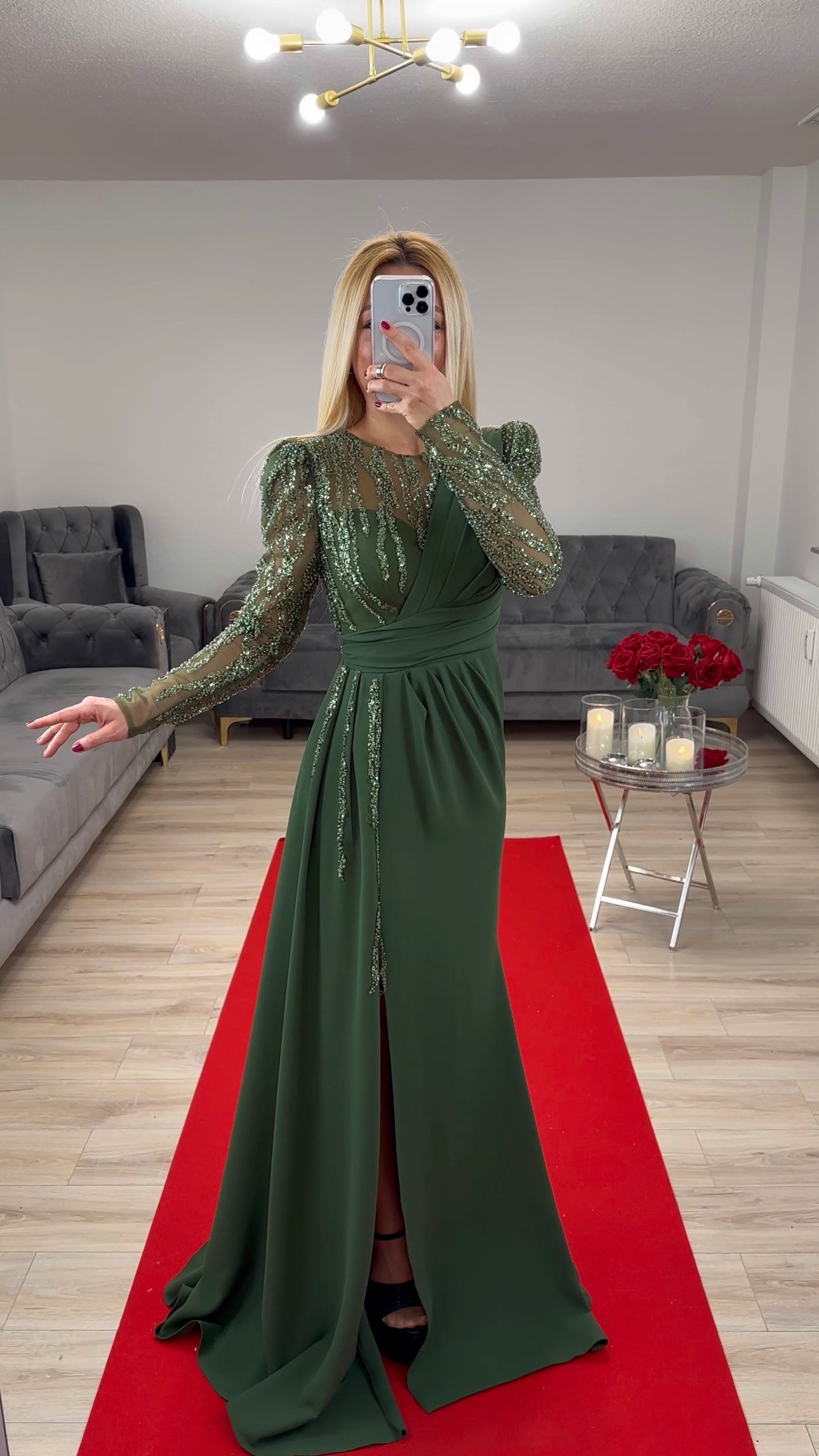 Abendkleid Khaki mit Pailetten