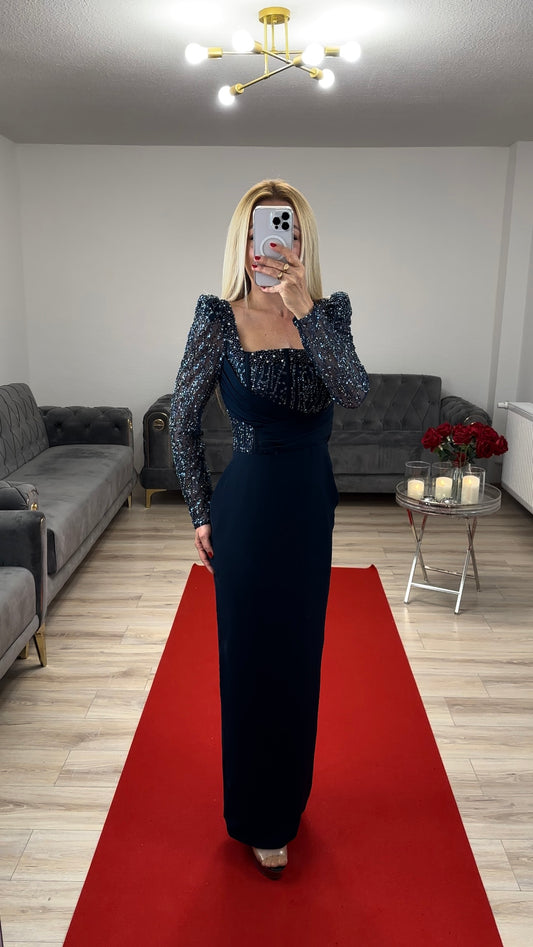 Abendkleid Navy mit Perlen und Glitter